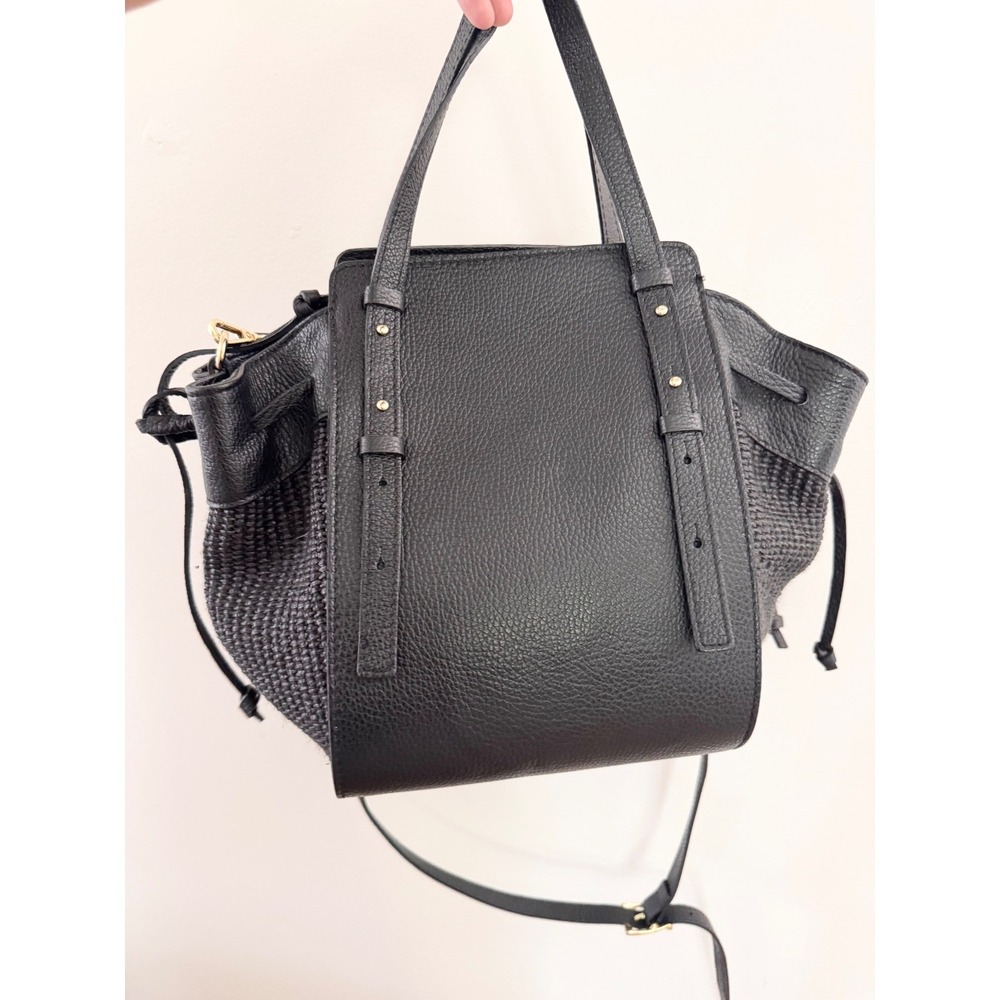 Genuine Leather Made in Italy Black Woven Straw Pebbled Satchel Crossbody Bag